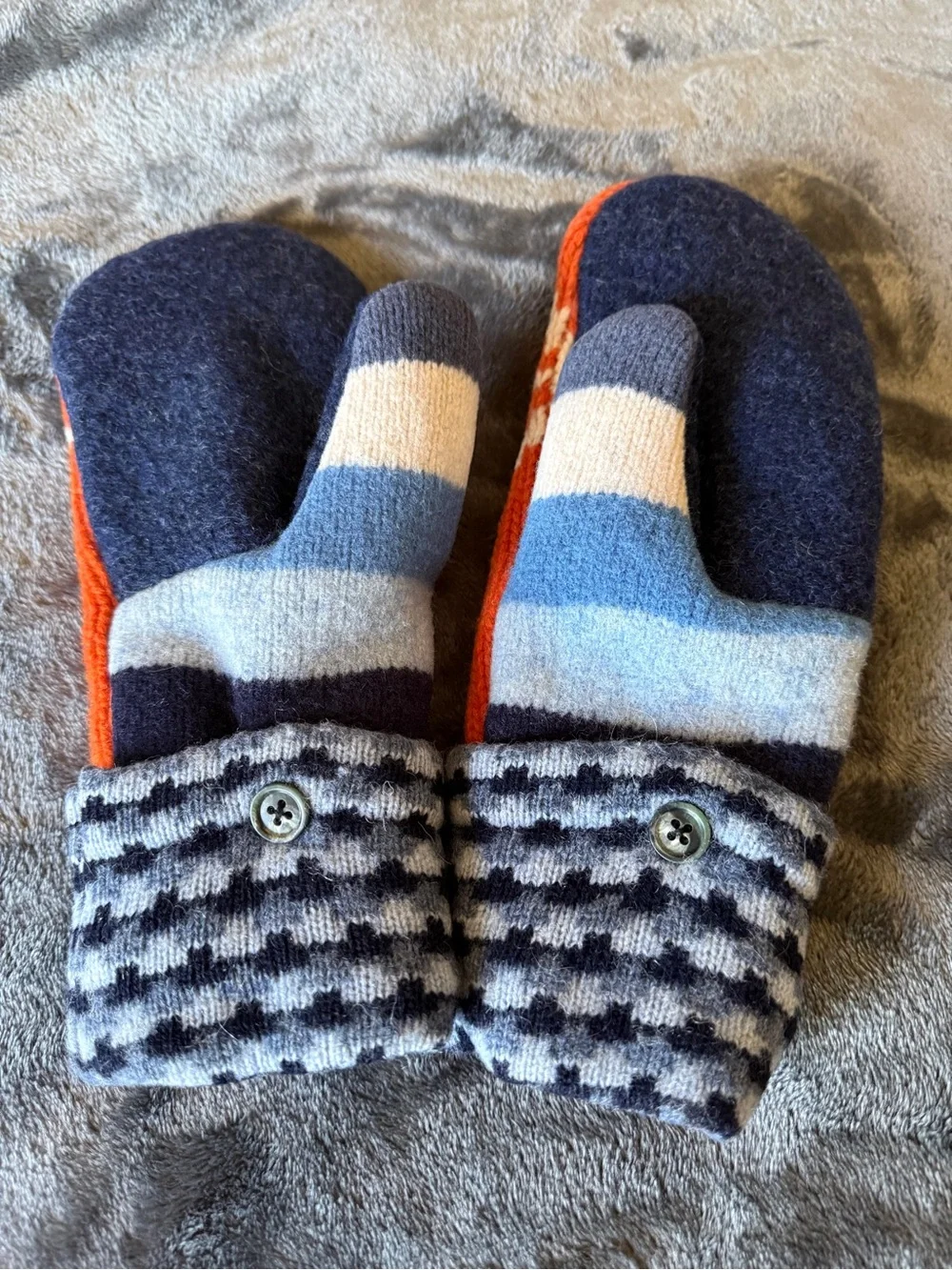 Upcycled Fleece Lined Sweater Mittens M Blue Orange